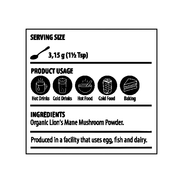 Label for Organic Lion's Mane Mushroom Powder with serving size, product usage, and ingredients information.