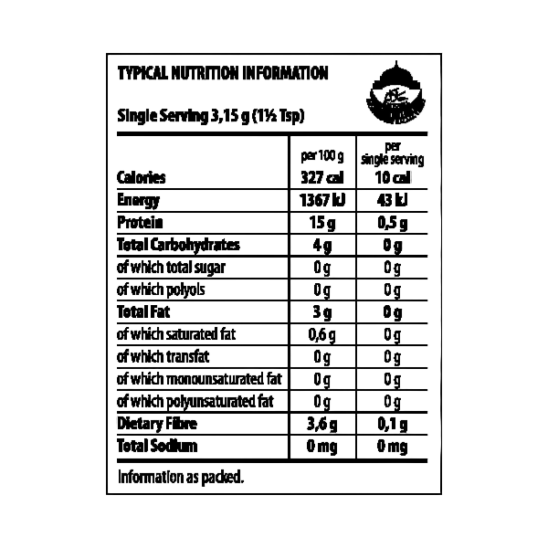 Nutrition information label for a product with a brand logo at the top.